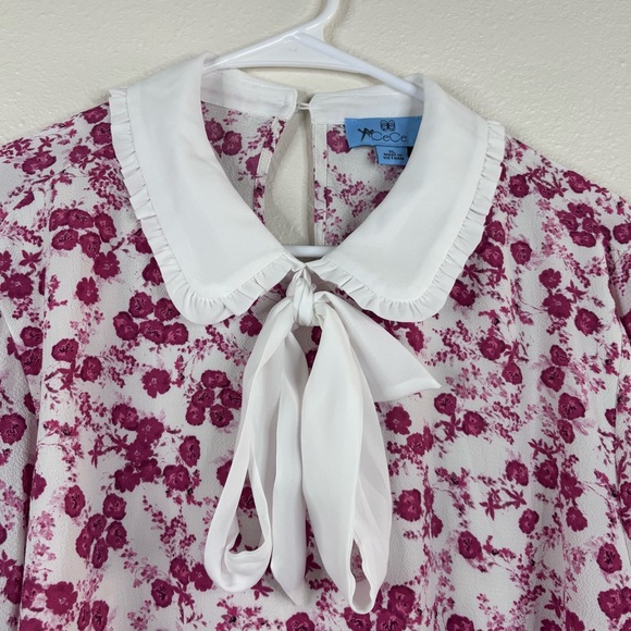 Cece Ditsy Floral Blouse White Pink Sz XL Bow Girly Cottagecore Grandma Collar - Picture 2 of 8
